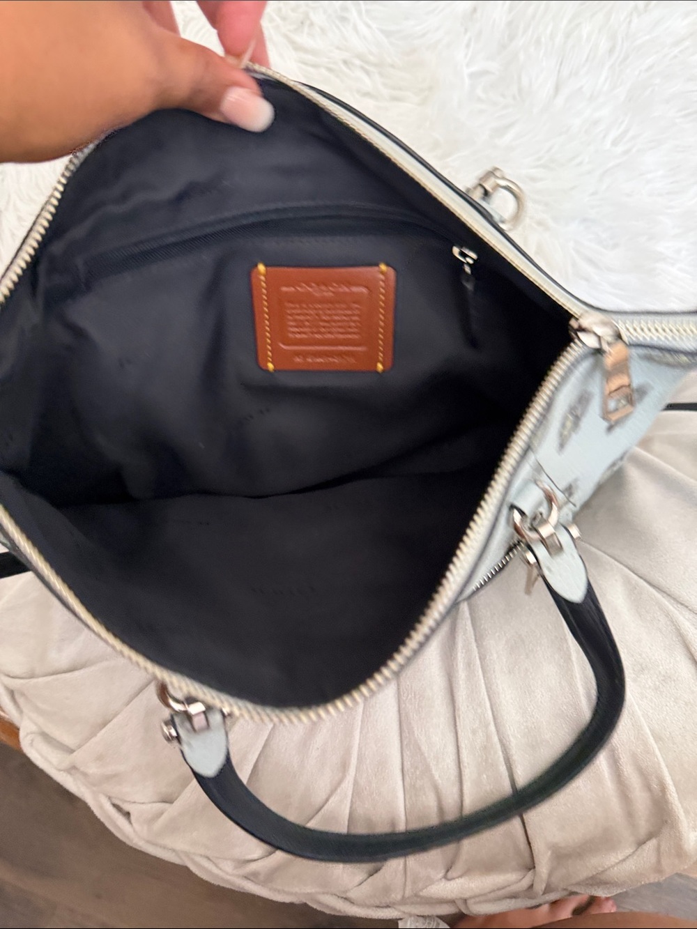 Coach Light Blue Floral Leather Tote with Silver Hardware - Picture 4 of 6